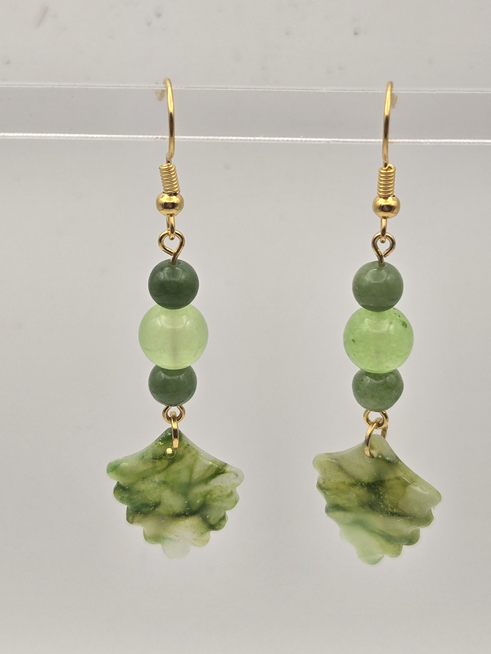 #B495- Gold Hook Green Beaded Leaf Drop Earrings- Dolomite Jasper And Jade